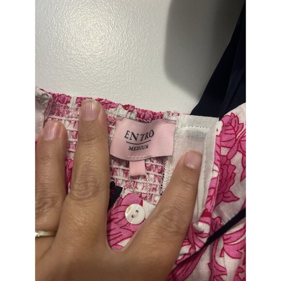 New Entro Midi Sun Dress Women's Medium Smock Pink Floral Tie Shoulder Feminine - Picture 6 of 9